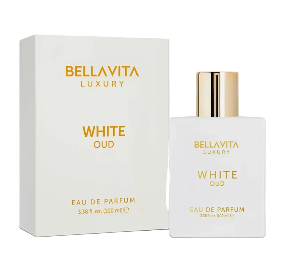 Bellavita Luxury White Oud white rectangular perfume bottle with a gold cap and gold lettering beside a matching white box on a white background.