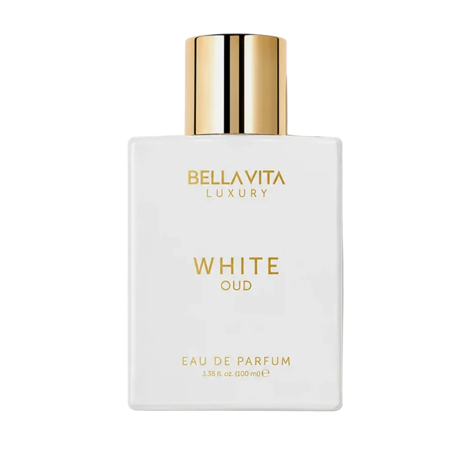 Front view of Bellavita White Oud eau de parfum in a white rectangular bottle with gold lettering and a polished gold cylindrical cap on white.