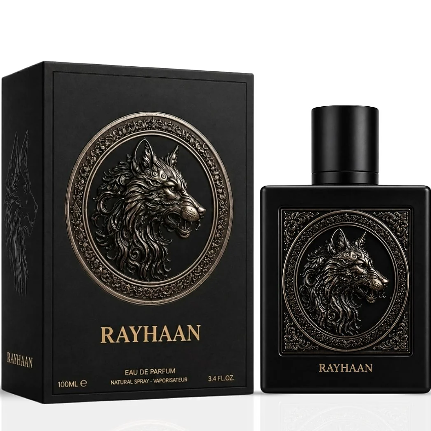 Rayhaan Wolf black bottle with a silver wolf emblem beside its black box