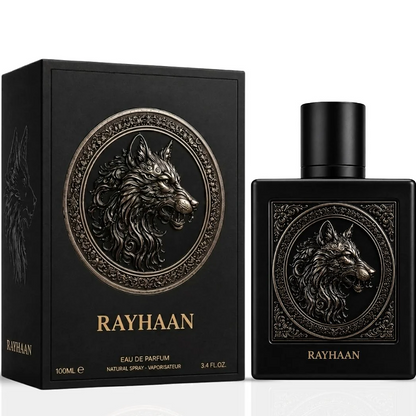 Rayhaan Wolf black bottle with a silver wolf emblem beside its black box
