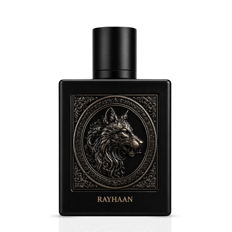 Rayhaan Wolf front view of the black bottle and silver wolf medallion