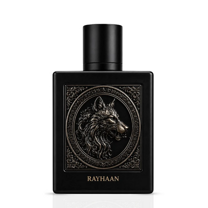 Rayhaan Wolf front view of the black bottle and silver wolf medallion