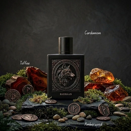 Rayhaan Wolf bottle on rocks with cardamom, amber-colored pieces and coin props