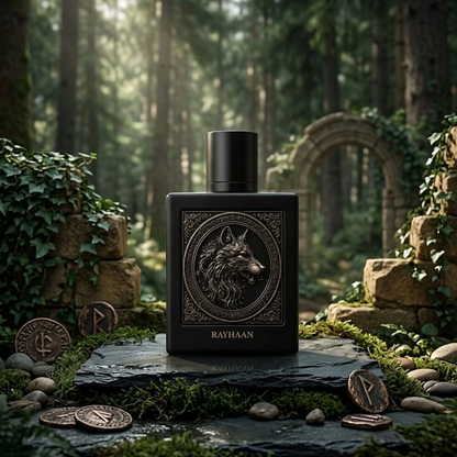 Rayhaan Wolf black bottle among mossy rocks and decorative coins in a forest setting