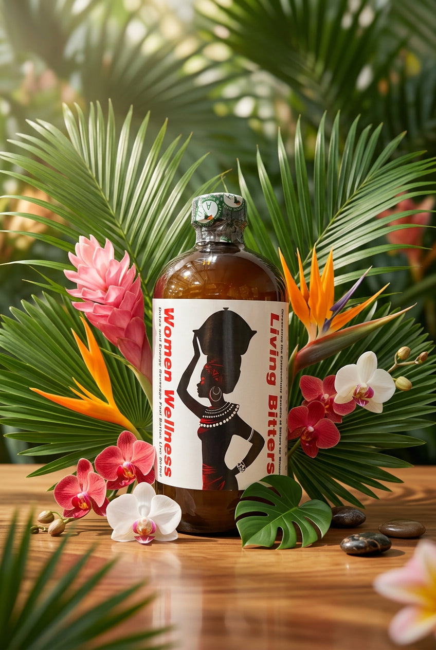 African Indian Herbs Women Wellness Living Bitter bottle surrounded by flowers and tropical foliage
