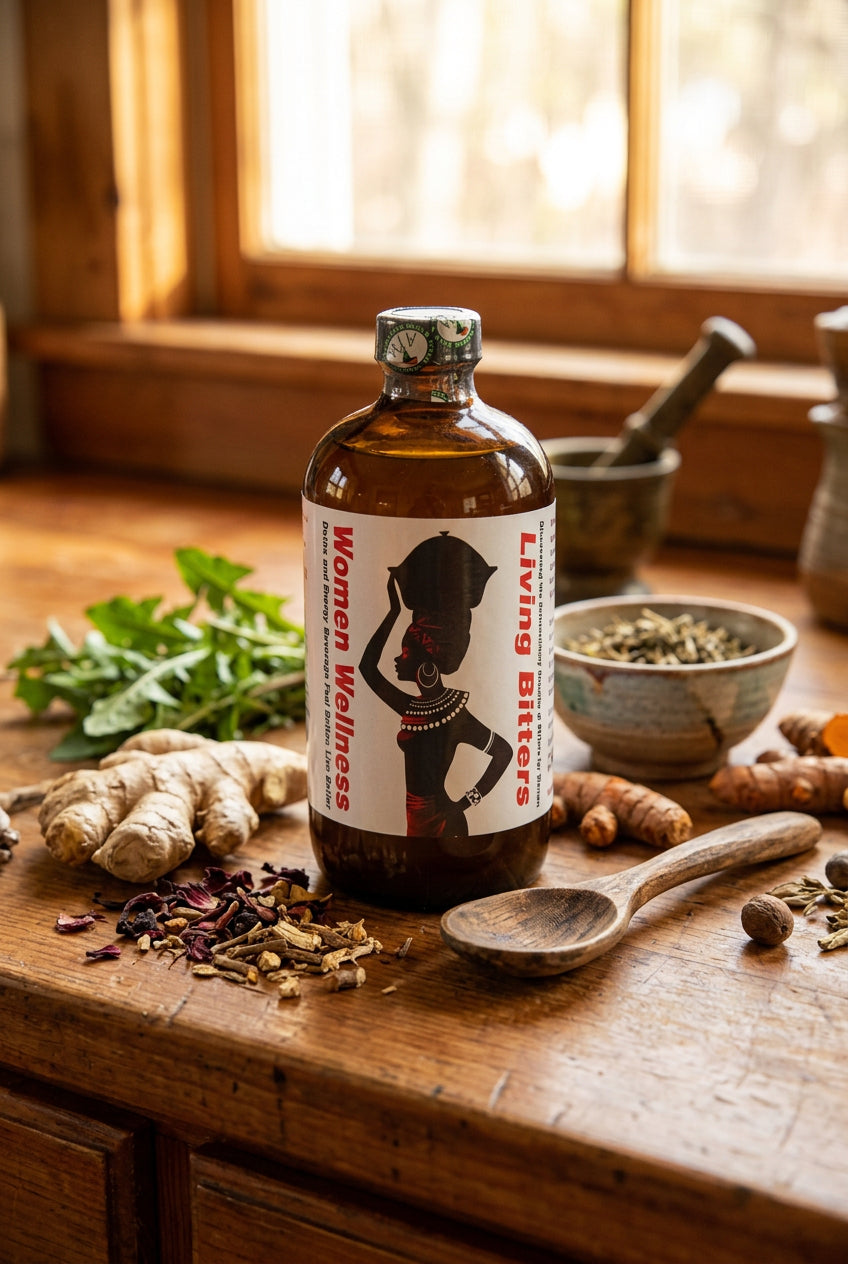African Indian Herbs Women Wellness Living Bitter bottle on a kitchen table beside roots and botanical props