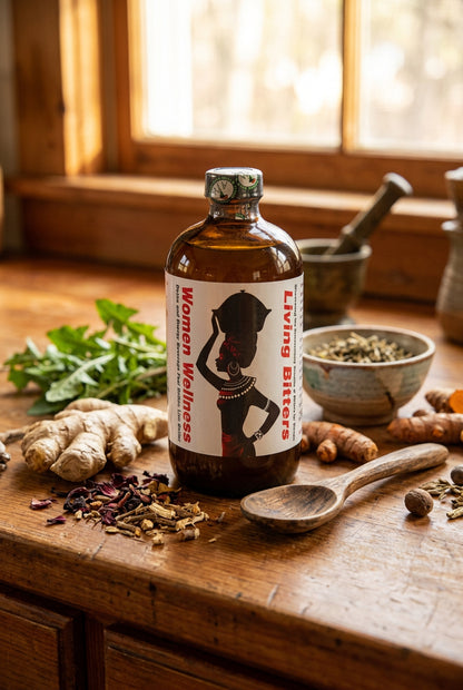 African Indian Herbs Women Wellness Living Bitter bottle on a kitchen table beside roots and botanical props
