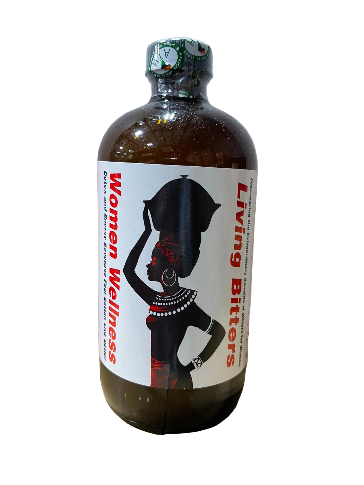 African Indian Herbs Women Wellness Living Bitter bottle with white label and a woman’s silhouette