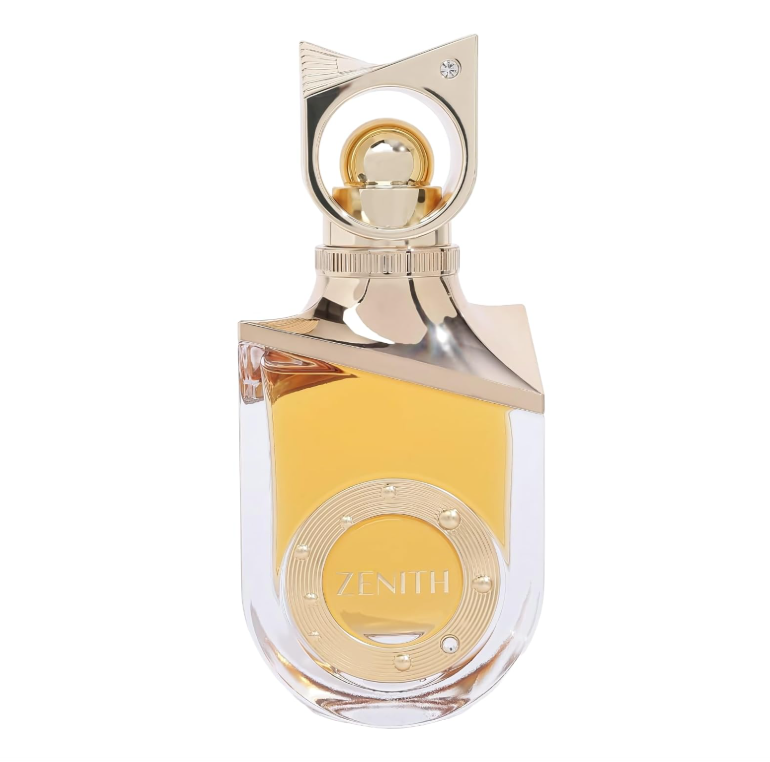 Riiffs Zenith golden perfume bottle with curved clear base, circular front emblem and sculptural metallic cap with an open ring, isolated on white.