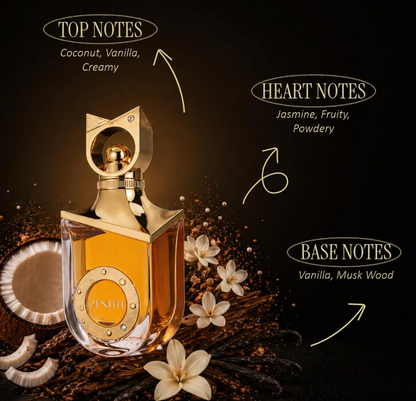 Riiffs Zenith gold bottle on black with coconut, white flowers and dark pods; arrows label coconut, vanilla and creamy top notes, jasmine, fruity and powdery heart notes, and vanilla, musk wood base notes.